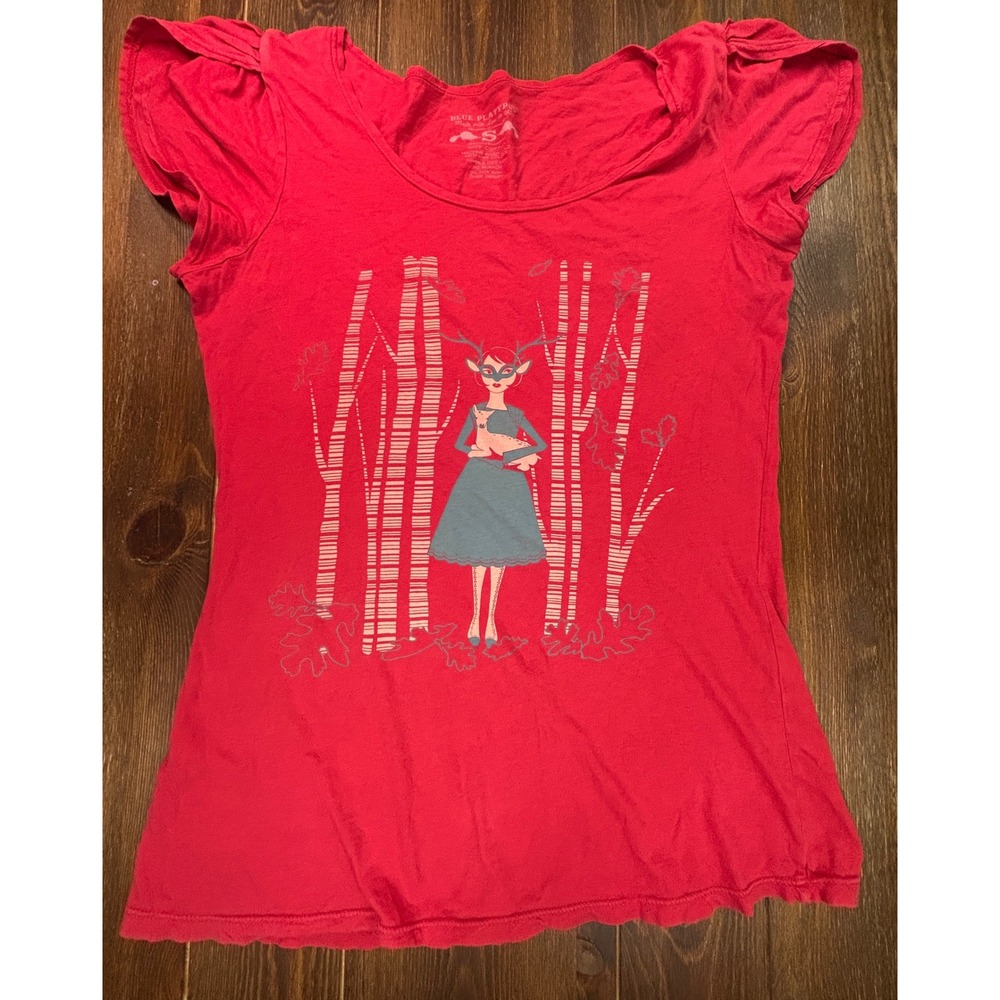 Blue Platypus Graphic T-Shirt Woodland Deer Girl Forest Whimsical Red Small - Picture 4 of 5